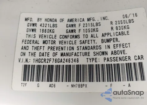 2016 Honda Accord Ex из США, поврежденный, VIN 1HGCR2F76GA246348